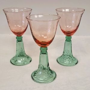 Garden Party handblown Mexican green/pink glass wine/water goblets